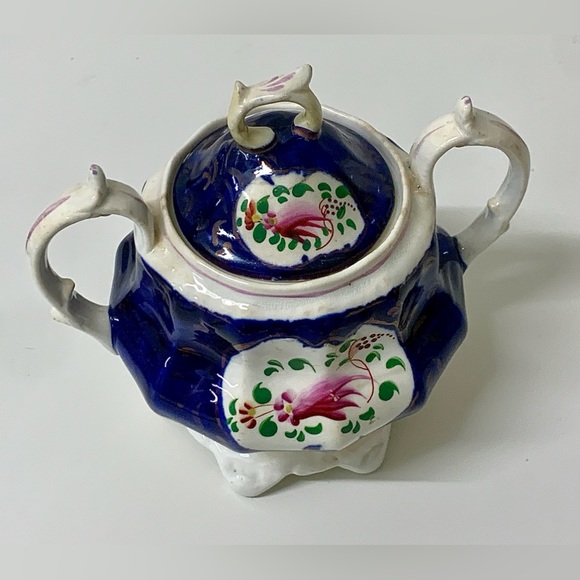 19th Century Vintage Gaudy Welsh Feather Pattern Handled Lidded Sugar Bowl - Picture 12 of 16